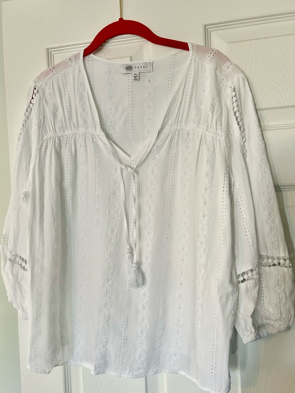 Fever White Eyelet & Embroidery Tassel Peasant Blouse